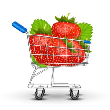 Cartoon shoping cart with red strawberries inside
