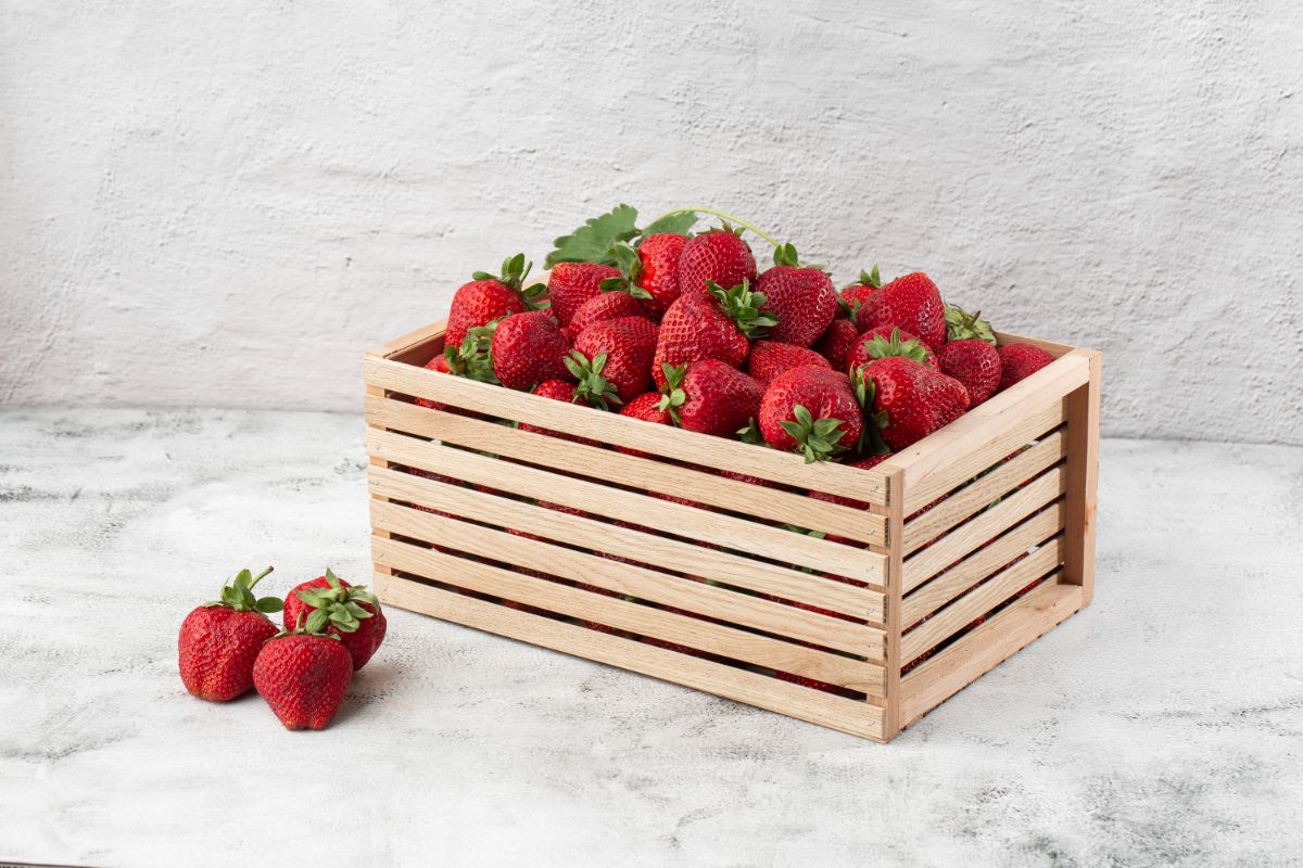 Wooden box full of huge ripe strawberies on marble table