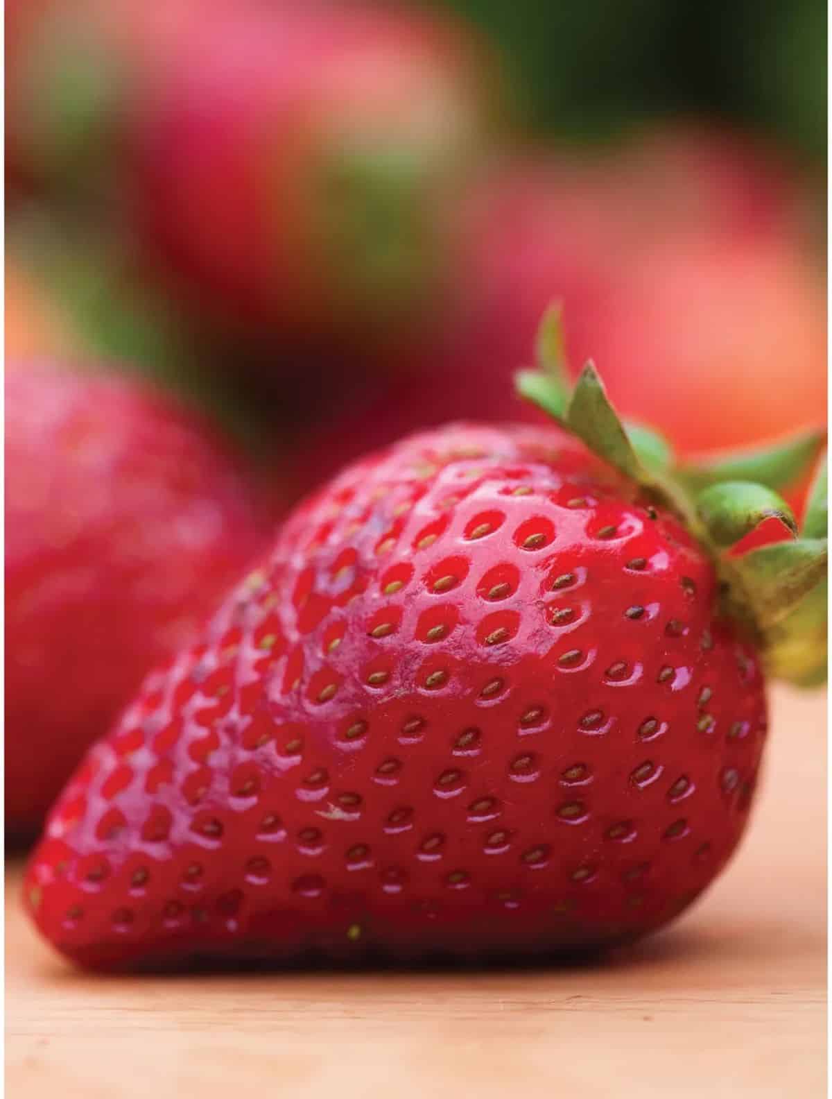 Close-up of a ripe earliglow strawberry on a table.