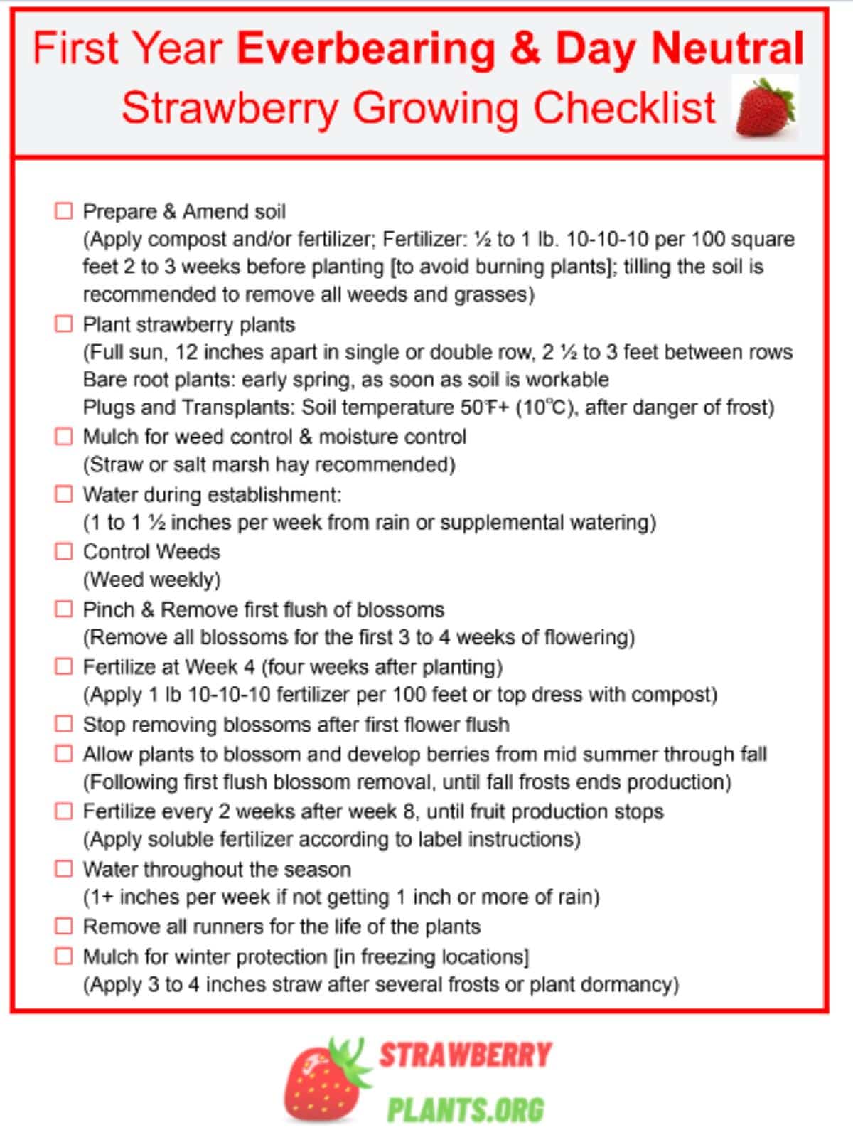 Image of a free downloadable, printable strawberry care checklist