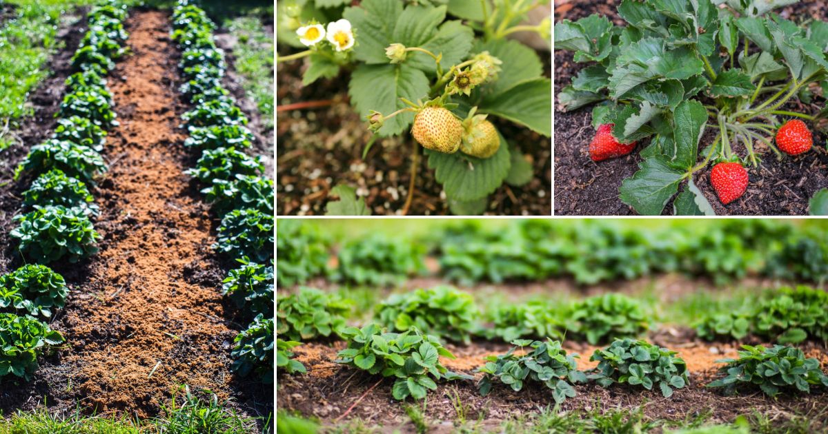 A collage of everbearing strawberry plantings