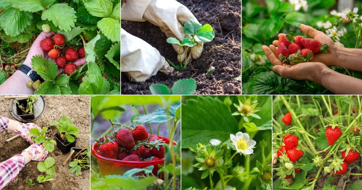 A collage of strawberry plants and berry picking