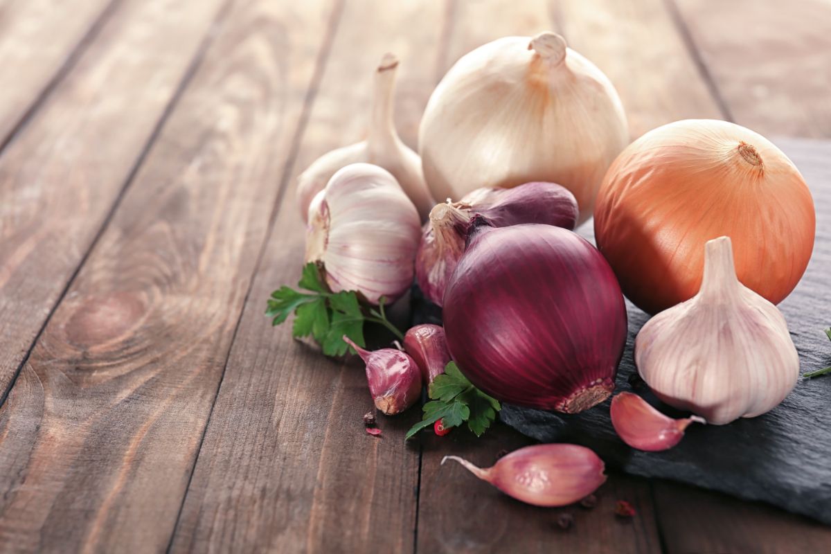 Garlic and onions on wooden table