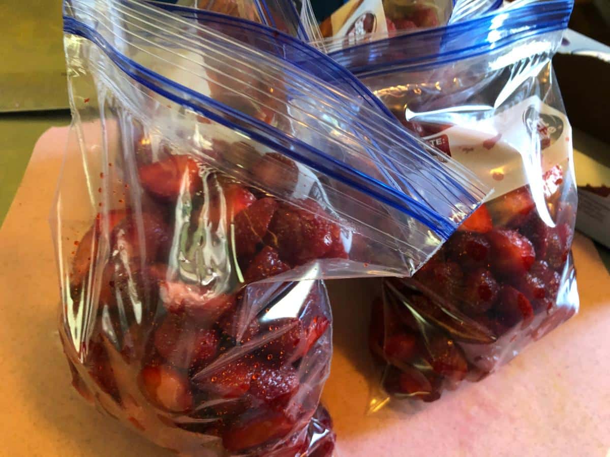 Bagging strawberries for the freezer