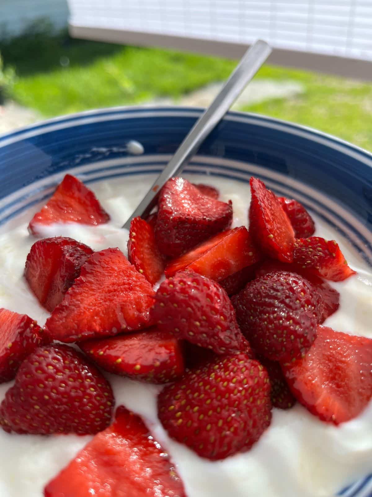 Fresh sliced strawberries in yogurt