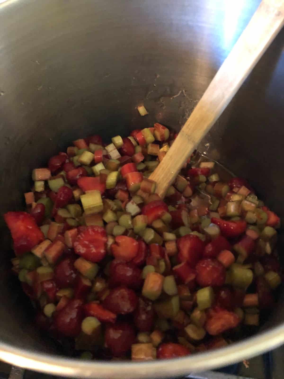 Strawberry and rhubarb being cooked for fruit leather puree