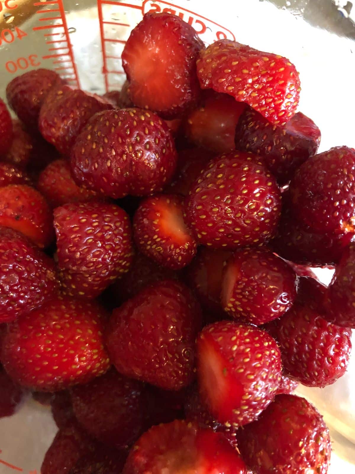 Strawberries prepped for jam making