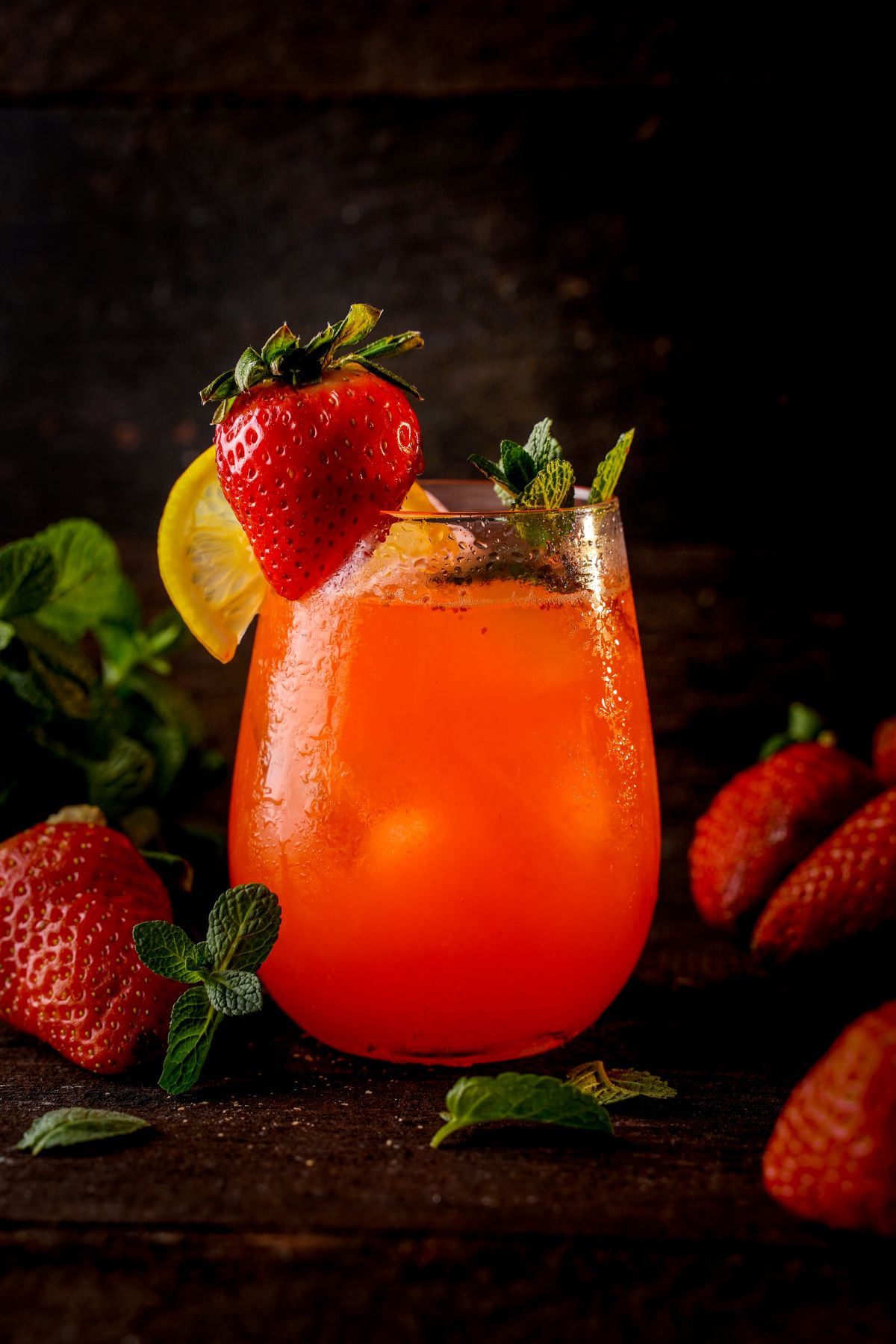 Strawberry lemonade in a glass cup with slice of lemon and strawberry.