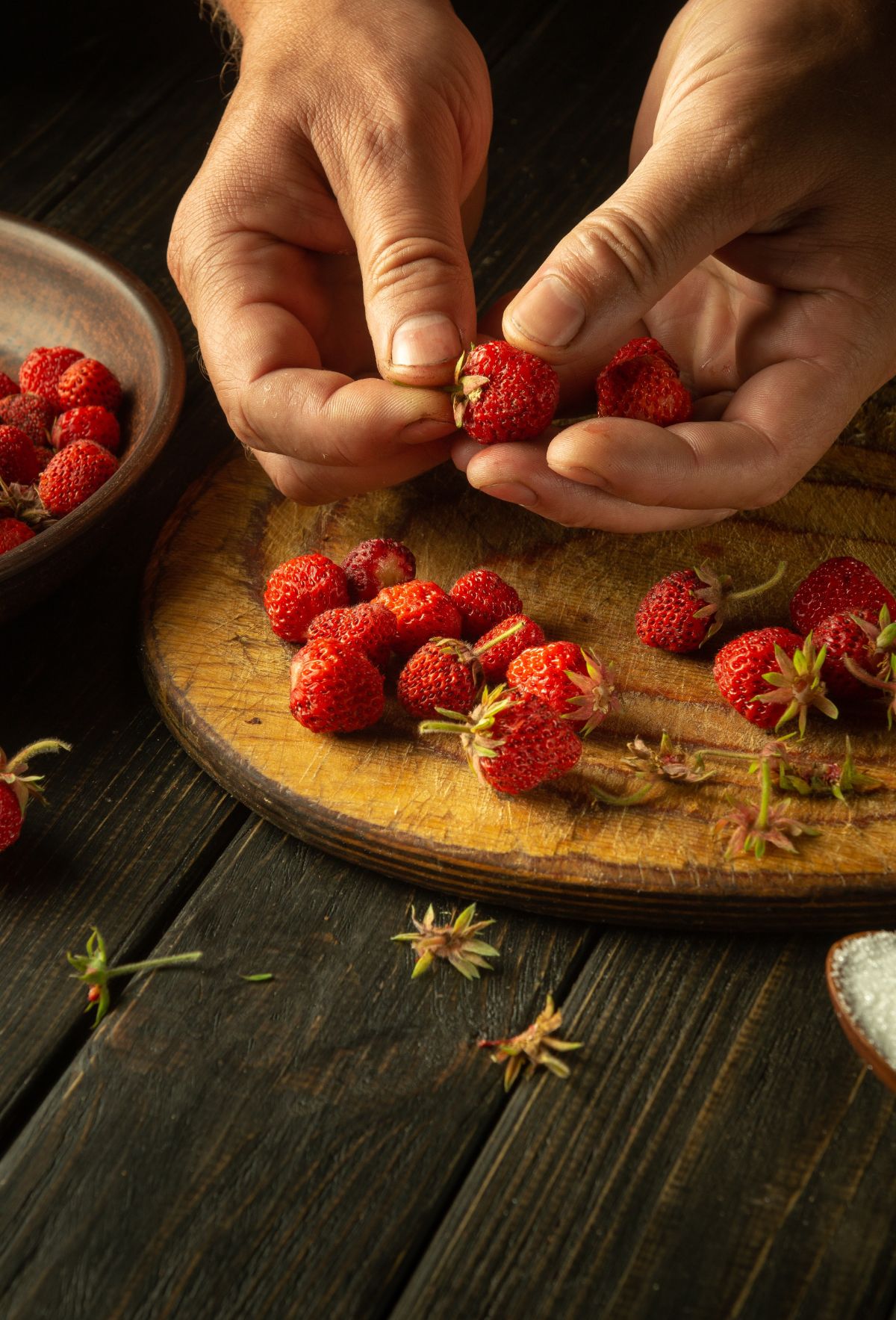 Strawberry tops saved for an anti-itch bath