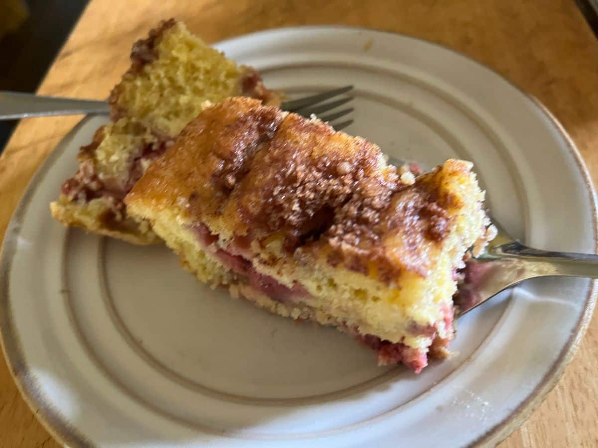 A plate and fork with strawberry rhubarb buttermilk coffee cake