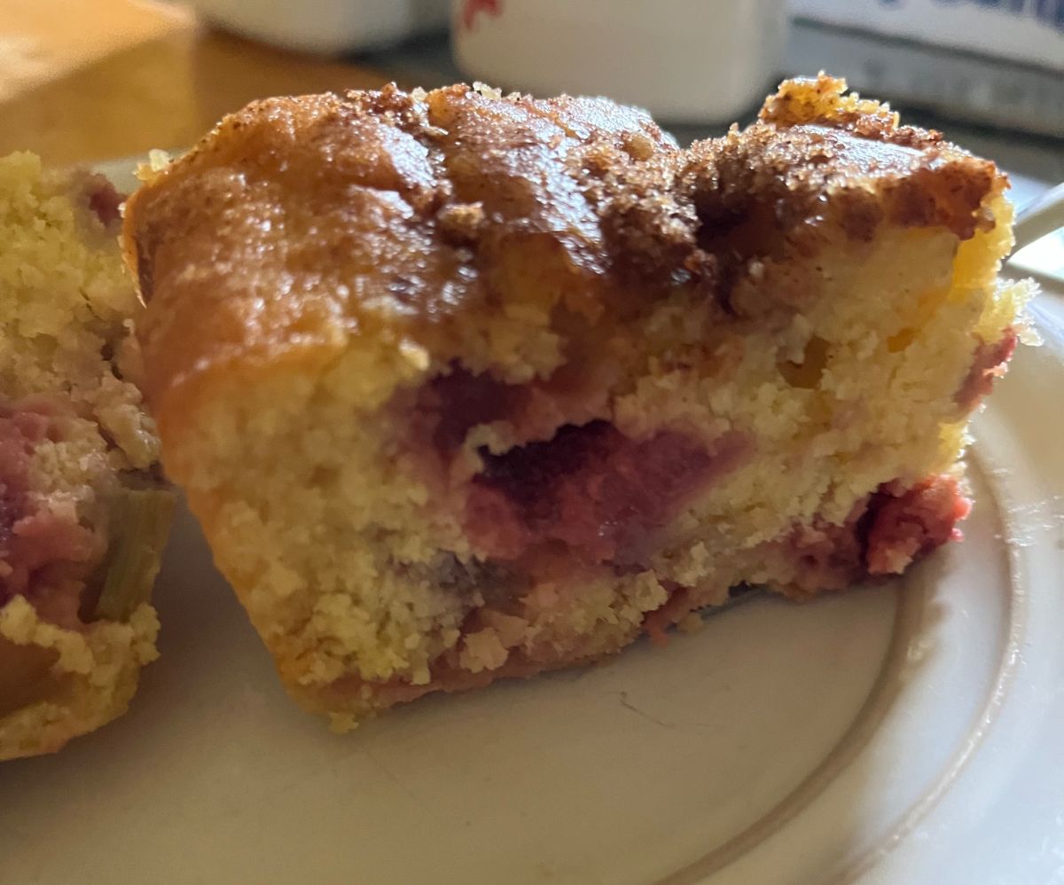 Slices of strawberry rhubarb coffee cake on a plate