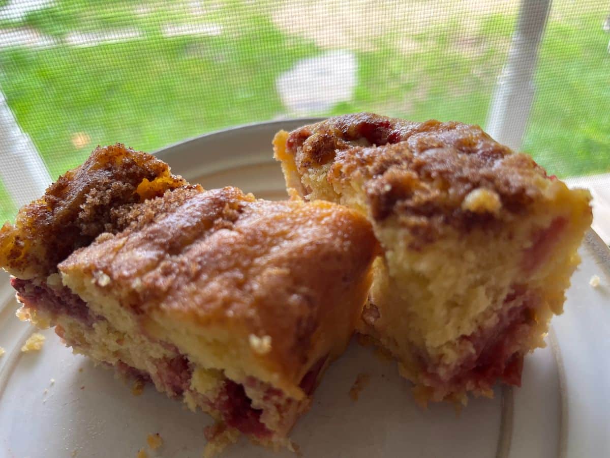 Strawberry rhubarb coffeecake made with frozen rhubarb and frozen strawberries