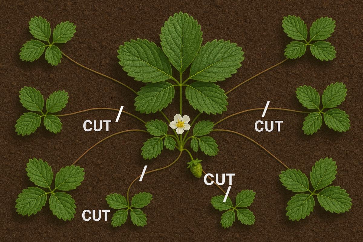 Diagram showing spacing and cutting for strawberry runner plants