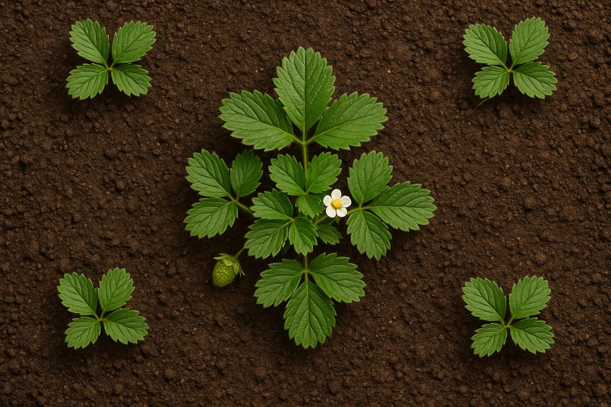 Diagram of a well managed strawberry bed with rooted plantlets from runners