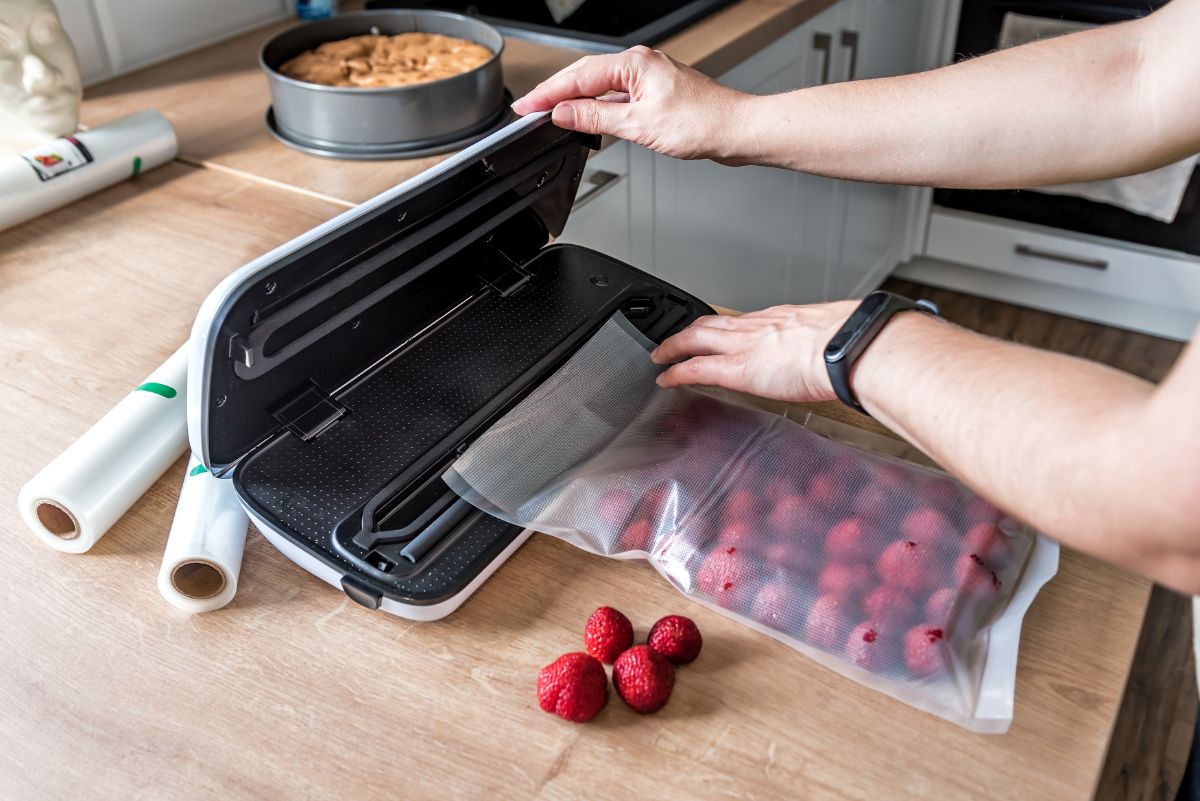 Flash-frozen strawberries in a vacuum sealer